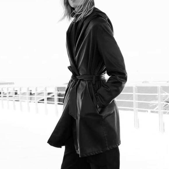 Zara Jackets & Coats Zara Faux Leather Belted Hooded Coat In Black